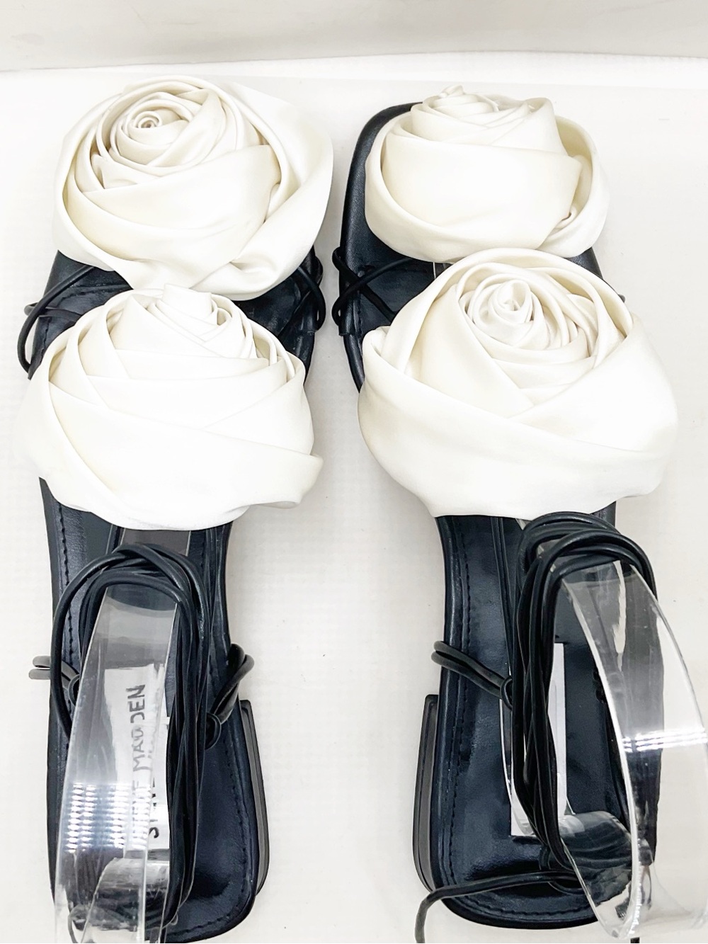 {Steve Madden} Rosalind Ivory Satin Rose Lace-Up Sandals - Picture 10 of 14